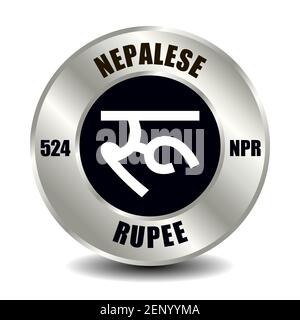 Nepal money icon isolated on round silver coin. Vector sign of currency symbol with international ISO code and abbreviation Stock Vector