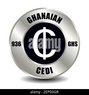 Ghana money icon isolated on round silver coin. Vector sign of currency symbol with international ISO code and abbreviation Stock Vector