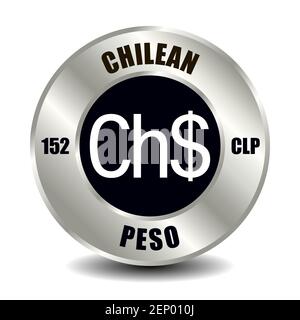 Chile money icon isolated on round silver coin. Vector sign of currency symbol with international ISO code and abbreviation Stock Vector