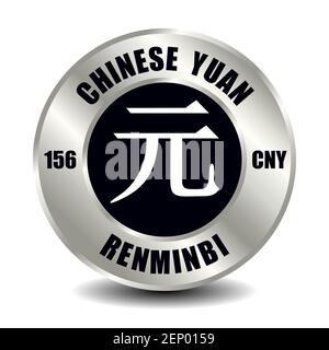 China money icon isolated on round silver coin. Vector sign of currency symbol with international ISO code and abbreviation Stock Vector