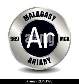 Madagascar money icon isolated on round silver coin. Vector sign of currency symbol with international ISO code and abbreviation Stock Vector