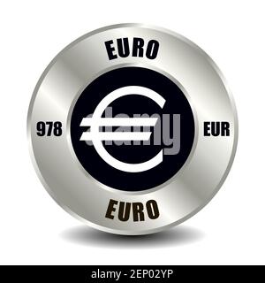 Europe money icon isolated on round silver coin. Vector sign of currency symbol with international ISO code and abbreviation Stock Vector