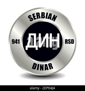 Serbia money icon isolated on round silver coin. Vector sign of currency symbol with international ISO code and abbreviation Stock Vector