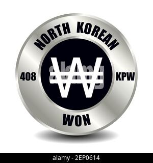 North Korea money icon isolated on round silver coin. Vector sign of currency symbol with international ISO code and abbreviation Stock Vector