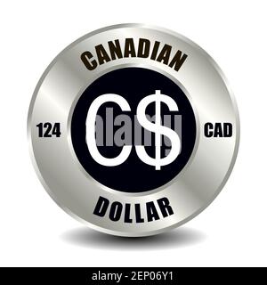 Canada money icon isolated on round silver coin. Vector sign of currency symbol with international ISO code and abbreviation Stock Vector