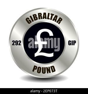 Gibraltar money icon isolated on round silver coin. Vector sign of currency symbol with international ISO code and abbreviation Stock Vector