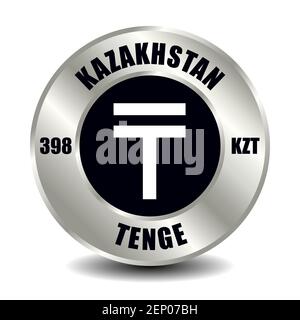 Kazakhstan money icon isolated on round silver coin. Vector sign of currency symbol with international ISO code and abbreviation Stock Vector