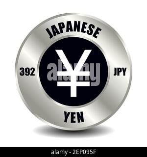 Japan money icon isolated on round silver coin. Vector sign of currency symbol with international ISO code and abbreviation Stock Vector