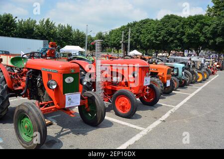 Castelnuovo don Bosco, Piedmont, Italy -07/01/2018 Exhibition of vintage tractors and machinery for agriculture Stock Photo