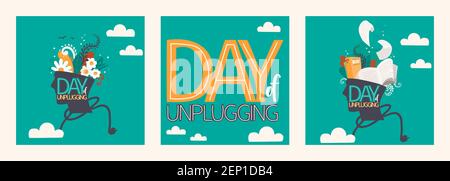 Day of Unplugging. Set of vector illustrations and lettering. Human head with books inside. Human head with flowers growing inside. Digital detox Stock Vector