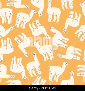 Vector seamless pattern of llama or alpaca on a yellow background. Hand drawn flat multicolor. Stock Vector