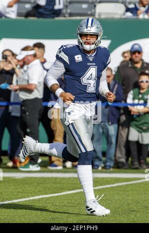 East Rutherford, New Jersey, USA. 13th Oct, 2019. Dallas Cowboys  quarterback Dak Prescott (4) gets stopped on fourth down by New York Jets  safety Jamal Adams (33) and defensive end Henry Anderson (