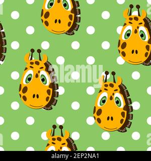 Vector flat animals colorful illustration for kids. Seamless pattern with cute giraffe face on green polka dots background. Adorable cartoon character Stock Vector