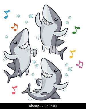 Illustration of Sharks Mascots Smiling and Dancing to Music Stock Photo