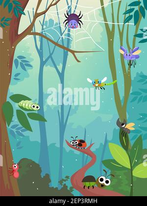 Illustration of a Spider, Caterpillar, Beetle, Dragonfly, Lady Bug and Ant in the Forest Stock Photo