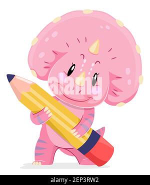 Illustration of a Triceratops Dinosaur Mascot Holding a Big Pencil Stock Photo