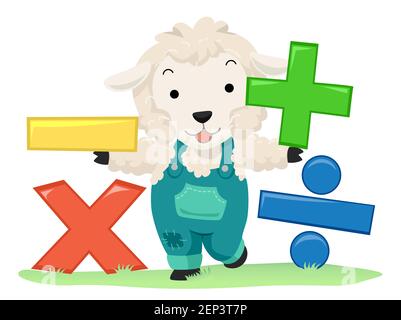 Illustration of a Sheep Mascot Wearing Jumper Holding Math Operators for Addition, Subtraction, Multiplication and Division Stock Photo