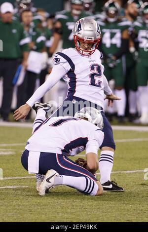 New York Jets kicker Chris Naggar, right, celebrates with offensive guard  Dan Feeney (67) after kicking a field goal in the first half of an NFL  preseason football game against the New