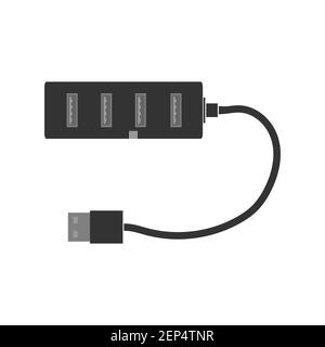 Simple rectangular USB hub with USB ports and cable. A splitter for a computer or laptop. Flat vector illustration Stock Vector