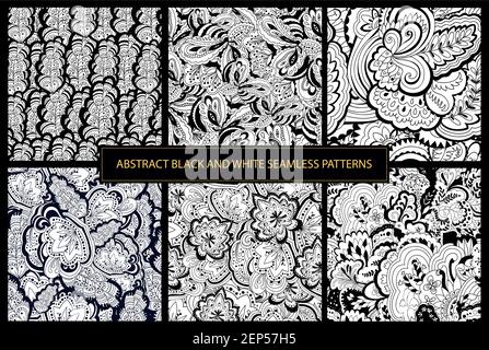 Set of black and white abstract patterns with floral and plant elements. Stock Vector