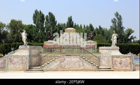 Ornate stairs to the bridge over the Canal of the Tiles (Canal dos Azulejos) in the Gardens of the Queluz National Palace, Queluz, Portugal Stock Photo