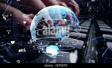 Man working on computer keyboard with graphic of internet network modernization showing concept of 5G wireless connection and social media . Stock Photo