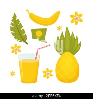 Set of naive, simple banana, pineapple, cocktail with leaves, flowers and bubble with sun in scandinavian style isolated on white background in yellow Stock Vector