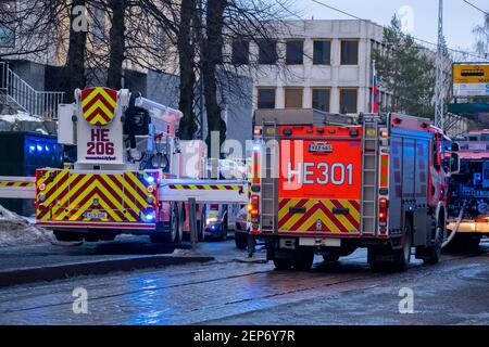 Helsinki / Finland - FEBRUARY 26, 2021: A residential right nect to the Russian embassy in Helsinki kept the fire & rescue service busy. Stock Photo
