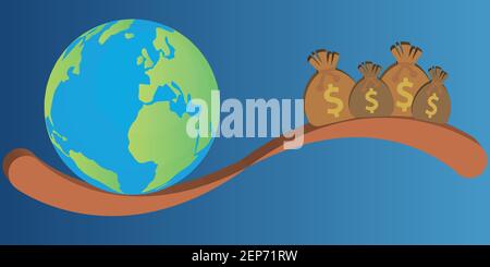 See saw scale or balance with planet earth and bags with dollar symbol on them Stock Vector