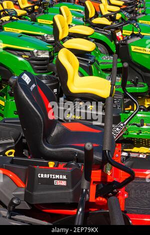Riding mowers and lawn tractors on display at Lowe's Home Improvement in Snellville, Georgia. (USA) Stock Photo