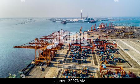 A view of the container terminal at the Qinzhou Port area of the China (Guangxi) Pilot Free Trade Zone in Qinzhou City, south China's Guangxi Zhuang Autonomous Region on November 9th, 2019. The China (Guangxi) Pilot Free Trade Zone is among the latest free trade zones in the country, as its general plan was approved by the State Council on August 26. The 120-square-kilometer zone covering areas in Nanning, Qinzhou and Chongzuo will offer a new driver for Guangxi's opening-up and create new opportunities for business. (Photo by Peng Huan / Costfoto/Sipa USA)