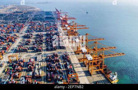 A view of the container terminal at the Qinzhou Port area of the China (Guangxi) Pilot Free Trade Zone in Qinzhou City, south China's Guangxi Zhuang Autonomous Region on November 9th, 2019. The China (Guangxi) Pilot Free Trade Zone is among the latest free trade zones in the country, as its general plan was approved by the State Council on August 26. The 120-square-kilometer zone covering areas in Nanning, Qinzhou and Chongzuo will offer a new driver for Guangxi's opening-up and create new opportunities for business. (Photo by Peng Huan / Costfoto/Sipa USA)