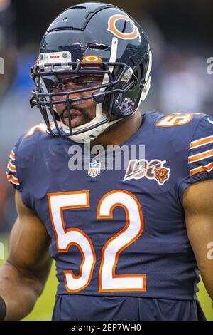 November 10, 2019: Chicago, Illinois, U.S. - Bears #59 Danny Trevathan runs  on to the field before the NFL Game between the Detroit Lions and Chicago  Bears at Soldier Field in Chicago