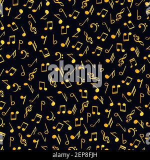 Vintage music decorative notes seamless pattern. Gradient golden colors simbols on black background. Abstract vector texture musical symbols treble cl Stock Vector