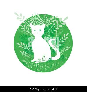 White cat sit in foliage and flowers, in green colors tones, isolated on white background. Colorful decorative vector illustration with animal. Cartoo Stock Vector