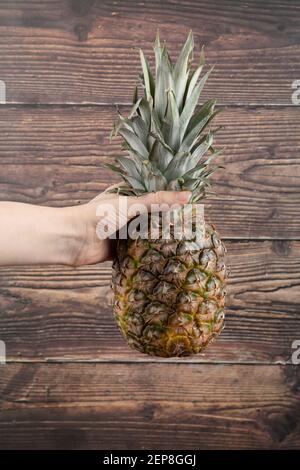 Female hand holding single fresh pineapple on wooden background Stock Photo