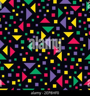 Memphis vector seamless pattern with geometric elements, on black background. Retro backdrop in hipster style. Stock Vector