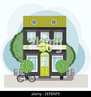 Vegan Restaurant exterior vector illustration. Flat design of facade. Cafe building concept. Grey two-story restaurant in the European style. Illustra Stock Vector