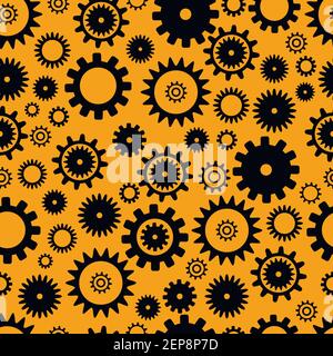 Cogwheel seamless pattern, black color elements on orange background. Flat grunge background. Abstract techno vector pattern. Texture with different g Stock Vector