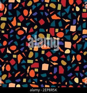 Terrazzo flooring  seamless pattern. Fashion bright  marble on black background. Vector pop art texture. Memphis style. Abstract background with chaot Stock Vector