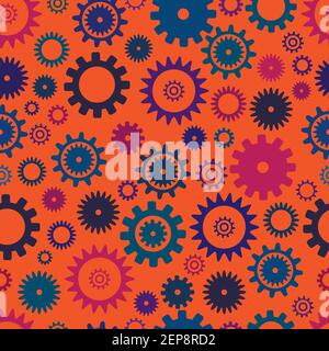Cogwheel seamless colorful pattern, . orange color background. Abstract techno vector pattern. Texture with from different colors gear wheels. Stock Vector