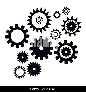 Set cogwheel silhouette pattern, isolated white color background. Abstract techno vector pattern. Collection with from different gear wheels. Stock Vector