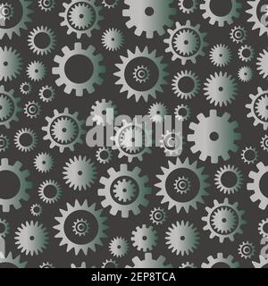 Cogwheel seamless pattern, silver color gradient. Metallic grunge background. Abstract techno vector pattern. Texture with different gear wheels. Stock Vector