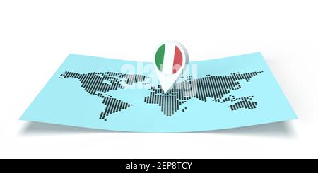 3D rendered country map locator pointing on a global destination on flat world map. Symbol carries ITALY flag. Isolated illustration with copy space Stock Photo