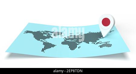 3D rendered country map locator pointing on a global destination on flat world map. Symbol carries Japan flag. Isolated illustration with copy space Stock Photo