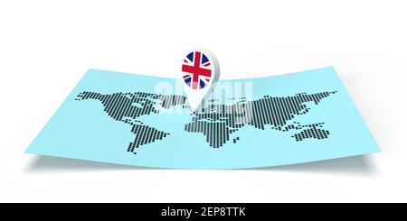 A 3D rendered country map locator pointing on a global destination on flat world map. Symbol carries UK flag. Isolated illustration with copy space Stock Photo