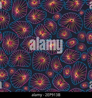 Awesome fantasy underwater seamless pattern with beautiful corals, bright gradient color lines, on dark background. Organic rounded shapes abstract ba Stock Vector