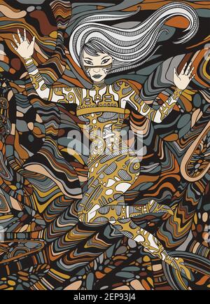 Steampunk girl art. Surreal fantastic doodle style woman. Vector hand drawn fantasy illustration rust metallic colors. Stock Vector