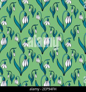 Blooming snowdrops seamless pattern. Floral background doodle style. Vector botanical decorative element. Stock Vector