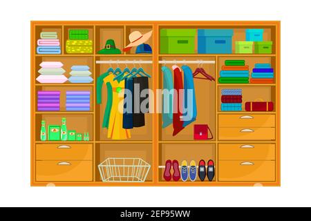 Closet with clothes, boxes and shoes isolated on white background. Wardrobe with shelves, hangers and boxes.Clothing organization. Vector illustration Stock Vector